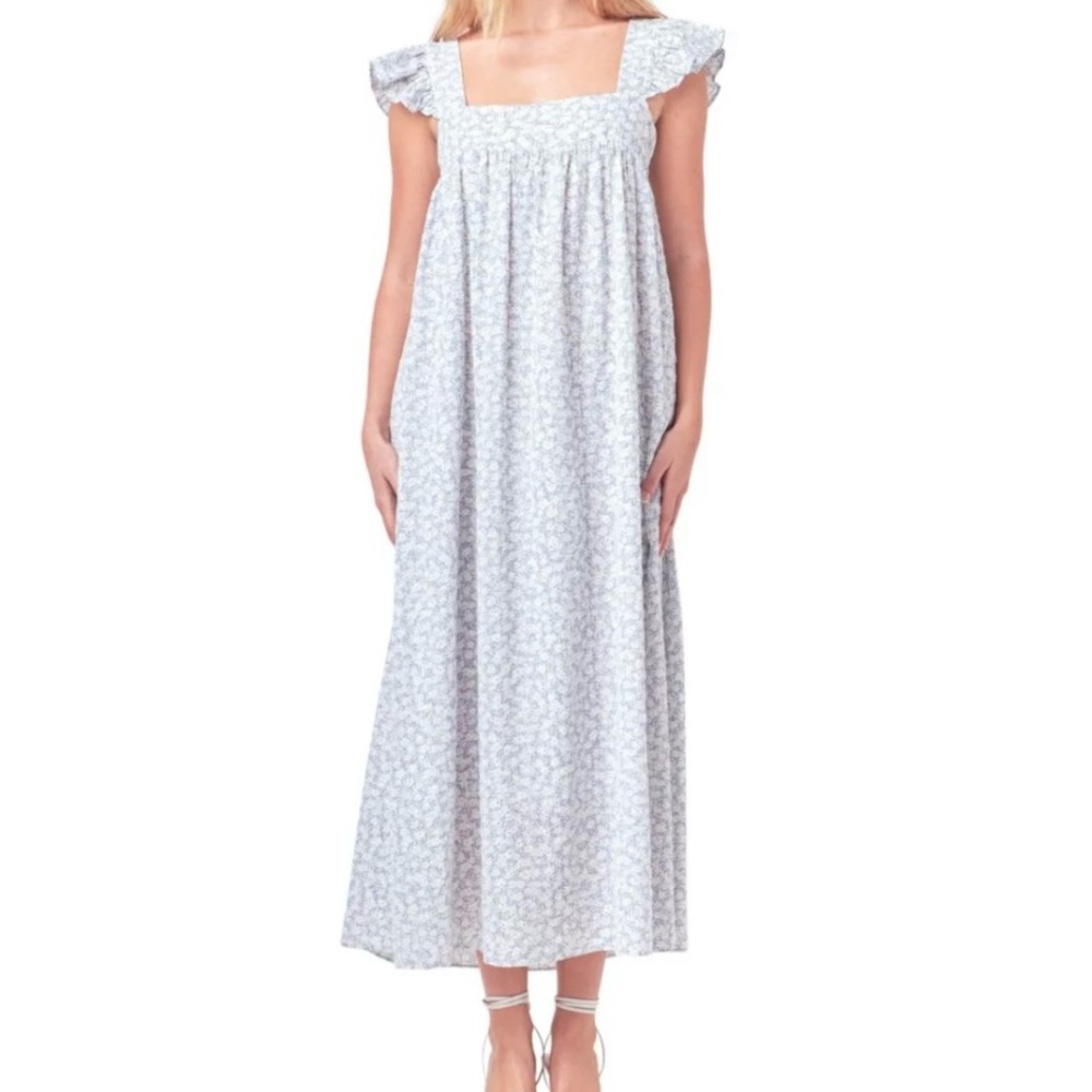 Ruffle Sleeve Blue and White Floral Maxi Dress